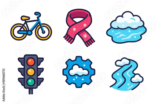 Winter Commute Icons. Snowy Commute Ride flat icons set. bike silhouette, scarf, snow patch, traffic light, gear icon, frozen trail