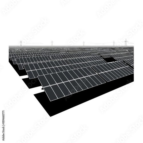 Solar panels array in a field with a clear sky and power lines in the background, renewable energy concept