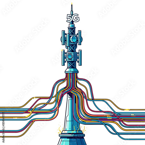 5g network tower with colorful data streams and connections, representing modern wireless technology and internet infrastructure