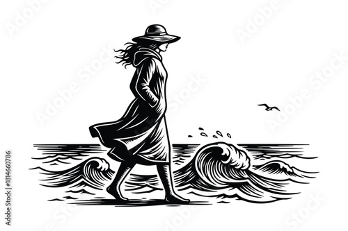 Woman in hat walks along a wavy shoreline