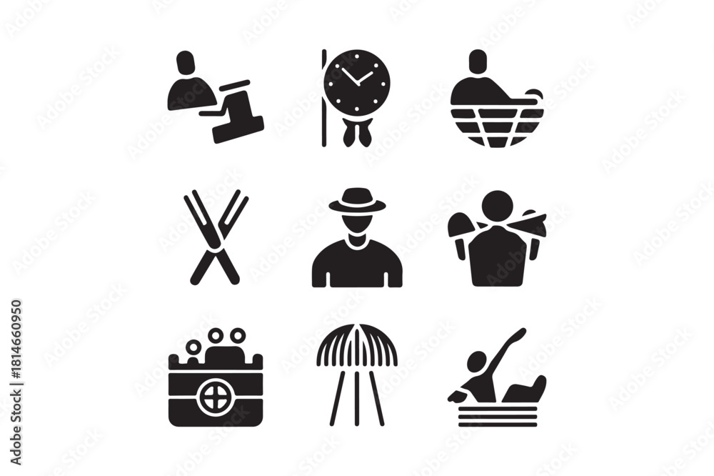 Fototapeta premium Collection of black and white silhouette icons representing various activities and professions