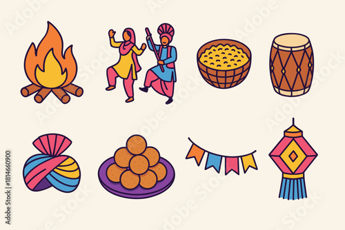 Lohri Festival Icons. Lohri Celebration flat icons set. fire flames, traditional dancers, basket of grains, drum, colorful turban, sweets plate, garland, lantern