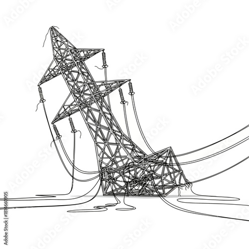 Complex electrical transmission tower with intricate wiring and support structures depicted in a detailed sketch style