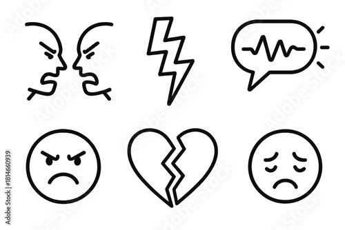 Broken Emotions Icons. Tension concept linear icon set: two faces opposite, broken line, angry emoji, heart crack, speech bubble, wave line, exclamation, sad icon