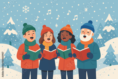 Festive Carolers in Snow. Snowy landscape featuring a group of carolers singing joyfully, surrounded by softly falling snowflakes. The carolers wear colorful winter. Vector illustration