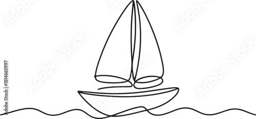 Continuous line art illustration of small sailboat above wavy sea line with handmade contour