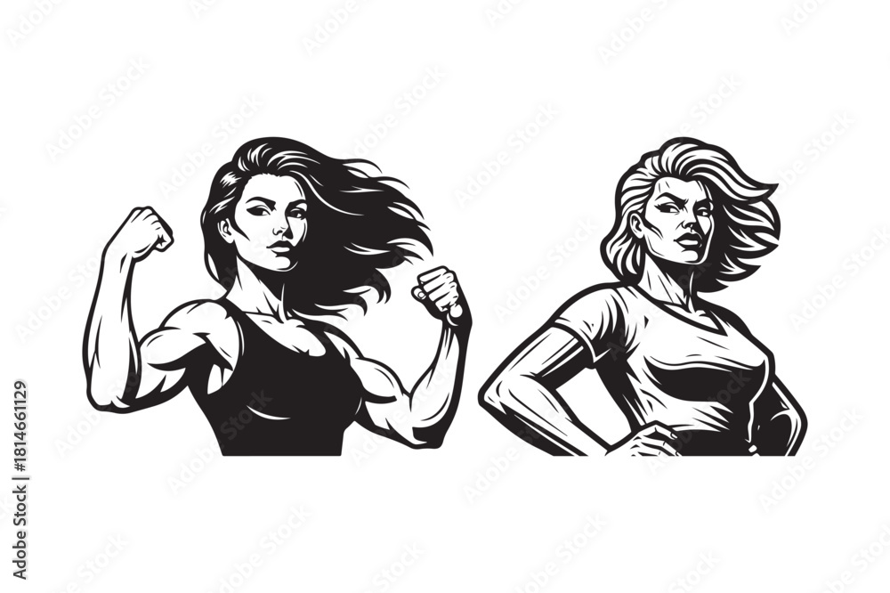 Obraz premium Two strong women posing with muscular arms flexed