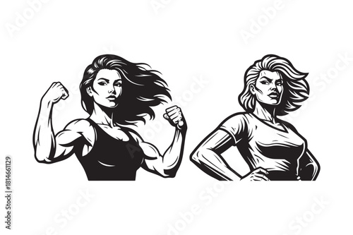 Two strong women posing with muscular arms flexed