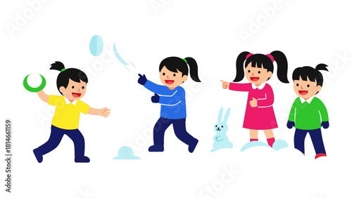 Winter Snowball Fun: Illustration of children engaged in a spirited snowball fight, their faces alight with joy as they hurl snowballs and revel in the snowy landscape.