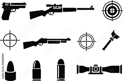 Black icons of firearms ammunition and targets rifle, gun, rifle, shotgun, pistol, bullet, ammunition, cartridge, scope, sniper scope, rifle scope, target, bullseye, crosshairs, reticle, axe, hatchet,