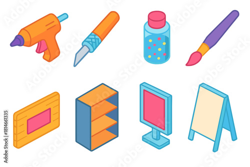 Craft Tools Collection. DIY Showcase flat icon set: glue gun, craft knife, glitter jar, paintbrush, wood stick, box label, shelf, display board