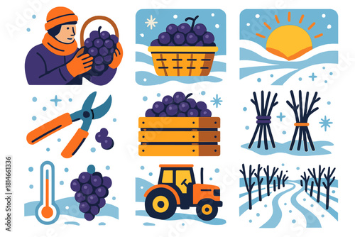 Frozen Vineyard Icons. Frozen harvest flat icon set: vineyard worker, grape basket, snowfield, sunrise, frost sparkles, pruning shears, wooden crate, bundled vines, thermometer