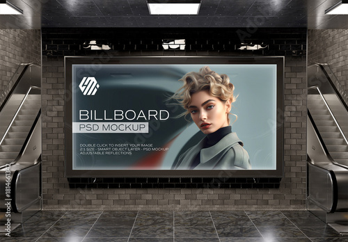 Large Horizontal Billboard on Dark Underground Wall Mockup
