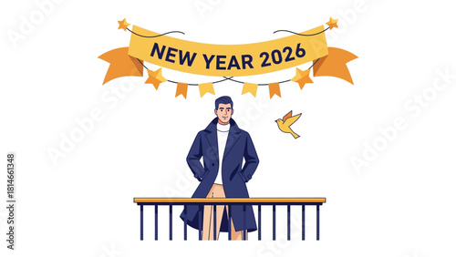 New Year 2026 Celebration: A man stands on a balcony against a new year background, a moment of anticipation, looking forward to the future.