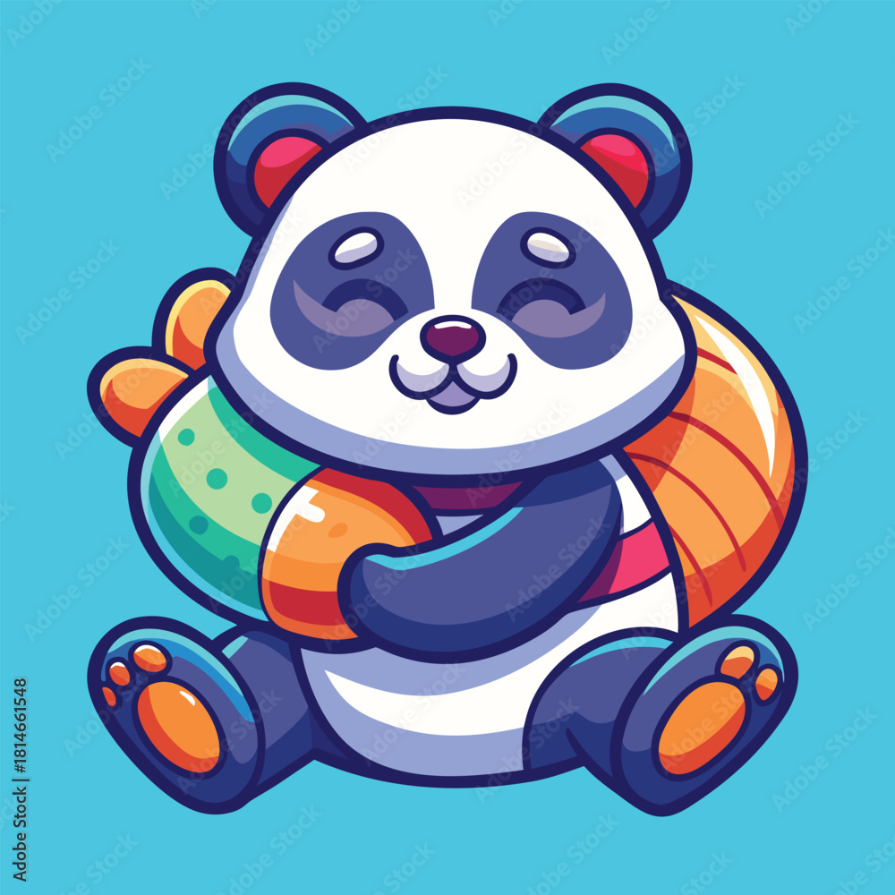 Fototapeta premium Cute cartoon panda hugging delicious sushi rolls and green egg