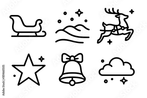 Sleigh and Reindeer Silhouettes. Christmas Snow Ride linear icon set. sleigh silhouette, snow drift, reindeer harness, stars, jingling bell, cloud