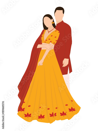 Indian couple illustration in festive flat vector style, traditional wedding attire with yellow lehenga, red dupatta, kurta, cultural celebration theme for invitation, poster