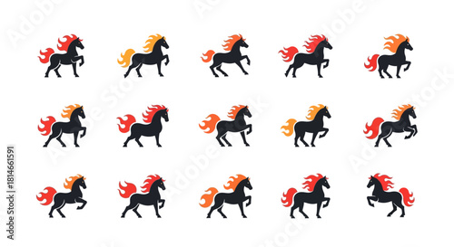 Fifteen black stylized horses with flamelike orangered manes and tails arranged in a grid pattern