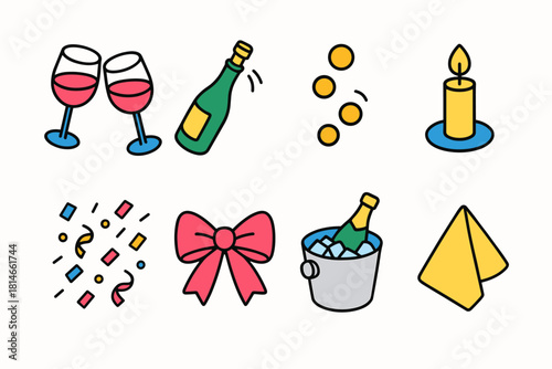 Isometric Celebration Icons. Celebration Cheers flat icons set. wine glass pair, open bottle, fizz bubbles, candle, confetti rain, ribbon bow, ice bucket, napkin