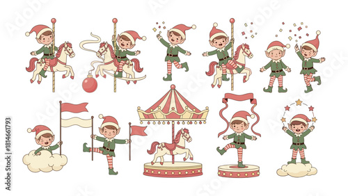 Whimsical Christmas Elf Set: A collection of cute elves are engaged in various festive activities, dressed in festive attire and surrounded by holiday themed elements.