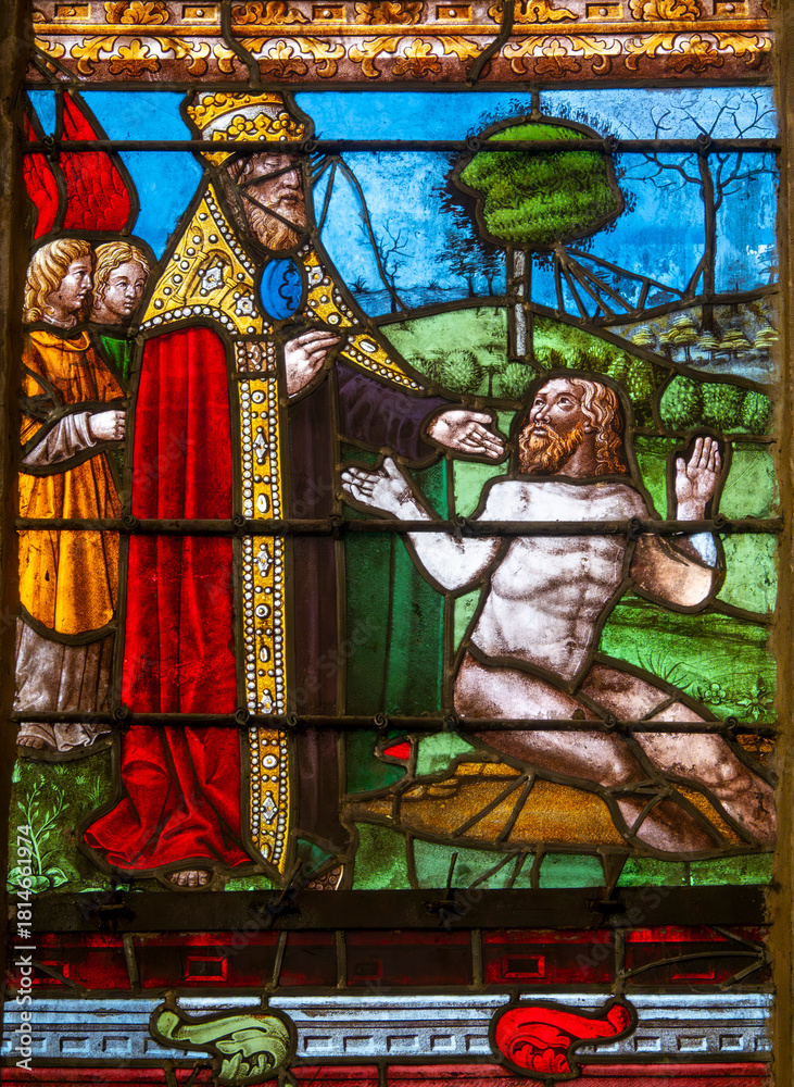 Obraz premium Stained glass (16th century) of the Creation of man by God.