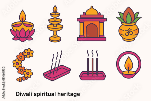 Diwali Heritage Icons. Diwali Spiritual Heritage flat icons set. brass diya, lotus base, prayer lamp, temple gate, gold pot, flower chain, incense tray, sacred light