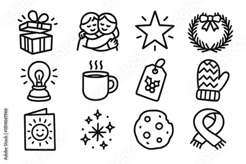 Holiday Cheer Icons. Cheerful Moments linear icon set : open gift, warm hug, star light, pine wreath, glowing lamp, cozy drink, holiday tag, knitted mitten, joyful card, snow