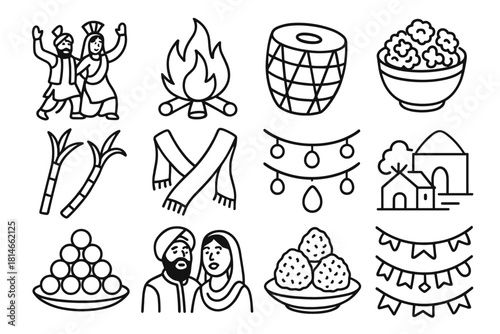 Lohri Celebration Icons. Lohri Traditional Festivity linear icon set. dancing couple, glowing bonfire, music drum, popcorn and nuts, sugarcane sticks, bright scarves, hanging