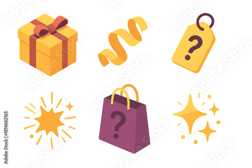Mysterious Gift Icons. Mysterious Present flat icon set : sealed package, ribbon curl, question mark tag, glitter burst, gift bag, festive sparkle