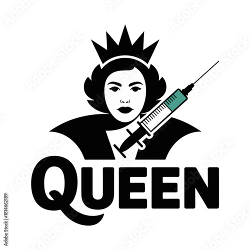 Queen with syringe and crown graphic symbolizing medical power or vaccination needle