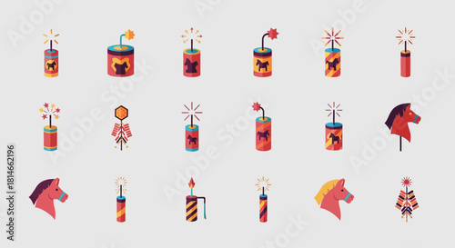 An array of stylized firecrackers and horse head icons uniformly arranged on a solid background