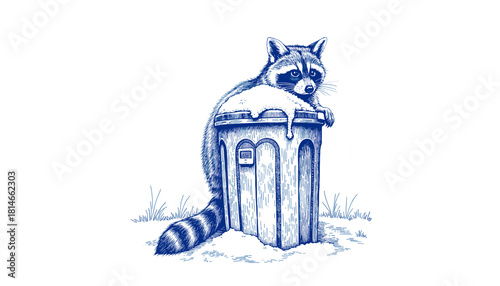 Raccoon sitting on trash bin with snow in vintage blue ink sketch  