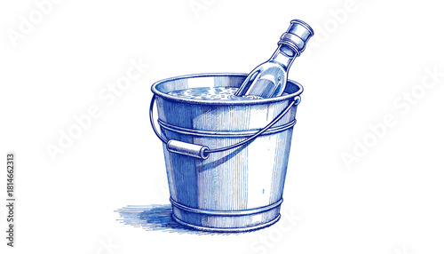 Vintage sketch of a frosted water bucket with bottle inside  