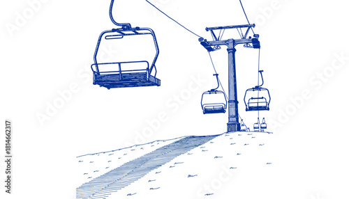 Vintage sketch with pen and blue ink of ice on ski lift chair  