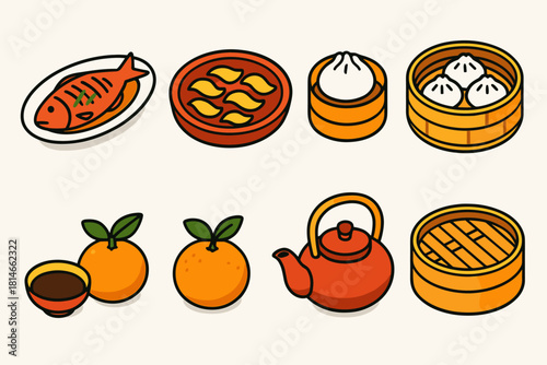 Chinese New Year Feast. Chinese New Year Celebration Food flat icons set. steamed fish, dumpling plate, pork buns, rice bowl, soy sauce dish, oranges, tea kettle, bamboo steamer
