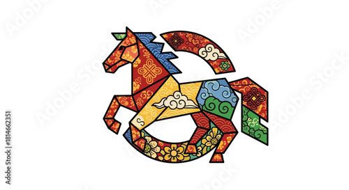 A colorful patchworkstyle horse figure with geometric shapes and patterns