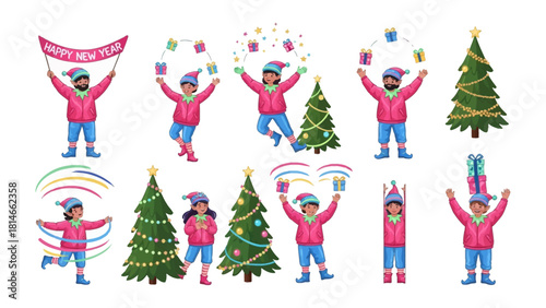 Festive Cheer: A collection of delightful cartoon characters exuding the celebratory essence of New Year's, engaging in joyful activities.