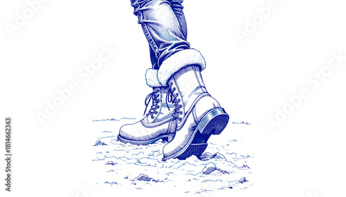 Vintage sketch of boots stepping in slush with blue ink drawing  