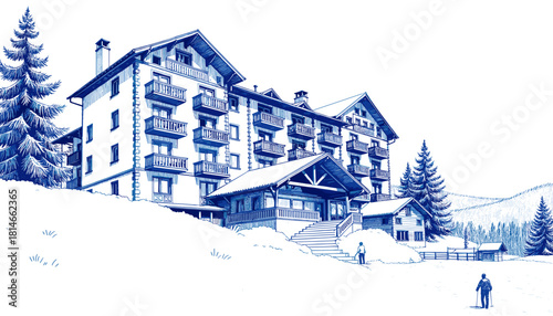Vintage sketch of ski resort hotel facade in blue ink style  