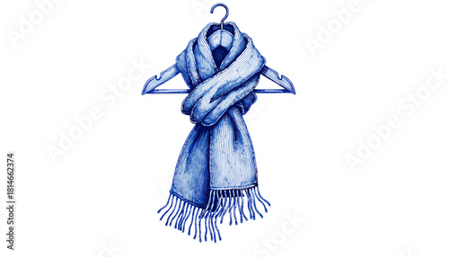 Wool scarf hanging on a hook in vintage sketch style  