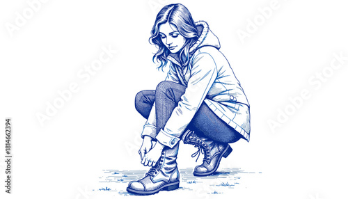 Woman fastening winter boots in blue ink sketch style with vintage concept  