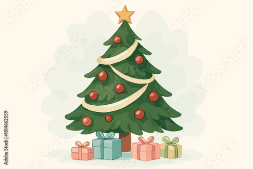 Charming Christmas Tree. Charming Christmas tree decorated with a swirling garland and red baubles. The tree stands on a snowy ground, surrounded by pastel-colored. Vector illustration