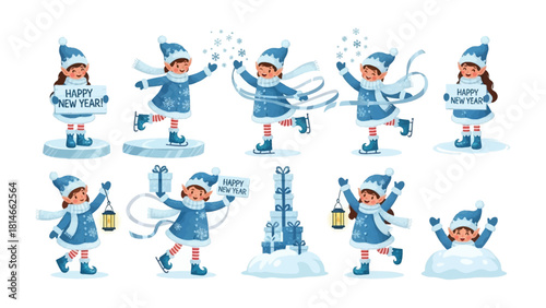 Winter Wonderland Celebrations: Charming illustrations capture playful winter celebrations, featuring cheerful figures enjoying snowy landscapes. 