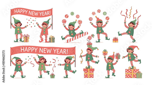 New Year Elf Celebration: Charming elves, spreading cheer with joyous gestures, hold banners and gifts, celebrating the New Year in a lively and festive scene.