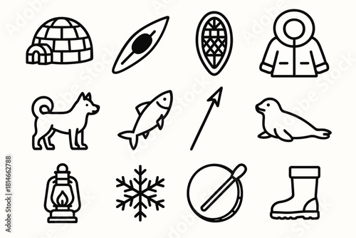 Arctic Iconography. Arctic Traditions linear icon set. igloo, kayak, snowshoe, fur coat, sled dog, fish, harpoon, seal, lantern, snowflake, drum, boot