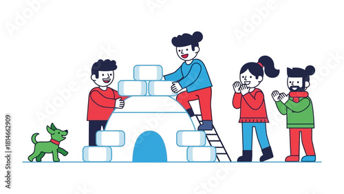 Winter Wonderland's Architects: A spirited group of individuals collaboratively construct a snow fort with their furry companion, embodying the essence of winter fun and friendship.