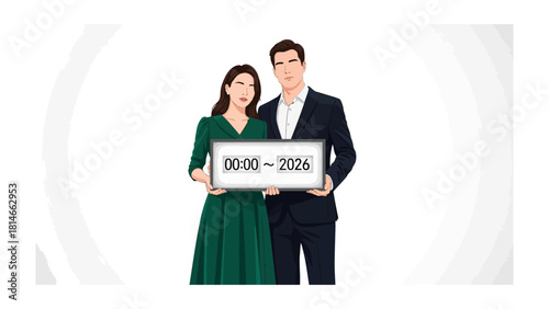 Timeline of a Couple's Moments: A couple stands together, holding a sign displaying a time range, symbolizing a journey or special moment they share, conveying themes of togetherness, connection.