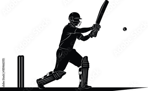 Black silhouette of a cricket batsman hitting a ball, cricket, batsman, ball, bat, wicket, sports, game, action, silhouette, black and white, illustration, athlete, player, equipment, helmet, pads, gl