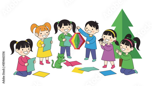 Children's Lantern Crafting: A heartwarming scene unfolds as a group of children come together to craft colorful lanterns, their faces alight with joy and creativity.