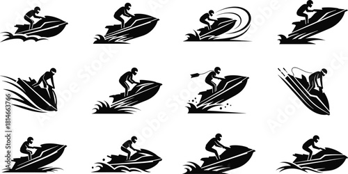 Black silhouette jet ski rider on water waves watercraft, jet ski, watercraft, water sport, rider, silhouette, black and white, water, waves, speed, action, recreation, summer, vacation, adventure, ex